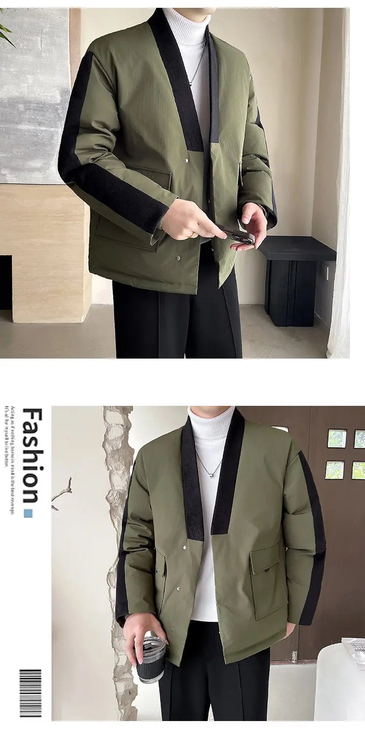 2024 Winter Collarless Cotton-padded Jacket Men Japanese Korean Fashion Loose Casual Thicken Warm Parkas Jacket Cityboy Coat