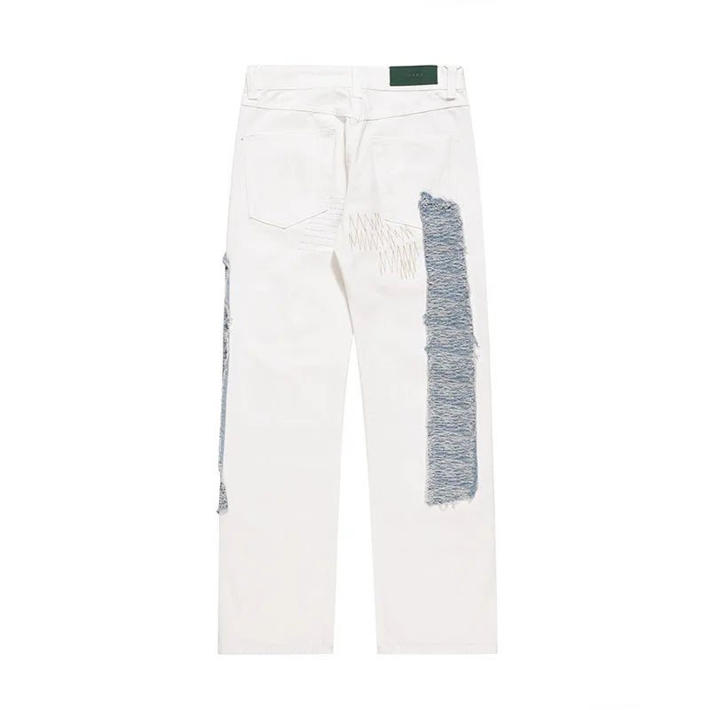 irregular sewing scratched patchwork denim jeans men casual straight biker zipper trousers streetwear hip hop jean pants joggers unique joggers style 3581