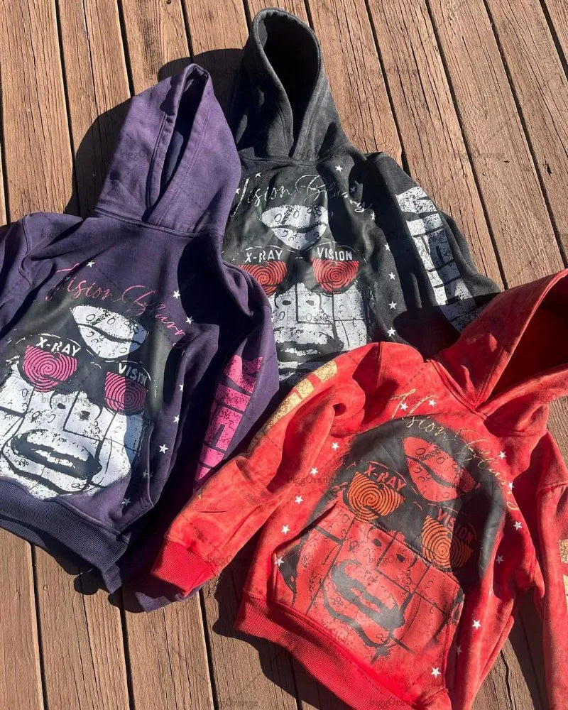 American Gothic Punk Cartoon Letter Print Oversized Hoodie Mens Fashio