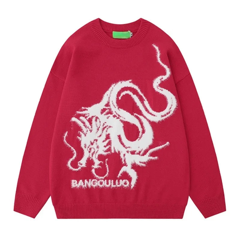 hip hop harajuku dragon pattern knitted sweater unisex o neck pullover streetwear y2k casual loose sweater warm jumper knitwear aesthetic street look hoodie, trendy hip hop style outerwear, oversized graphic print design