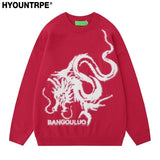 hip hop harajuku dragon pattern knitted sweater unisex o neck pullover streetwear y2k casual loose sweater warm jumper knitwear aesthetic street look hoodie, trendy hip hop style outerwear, oversized graphic print design