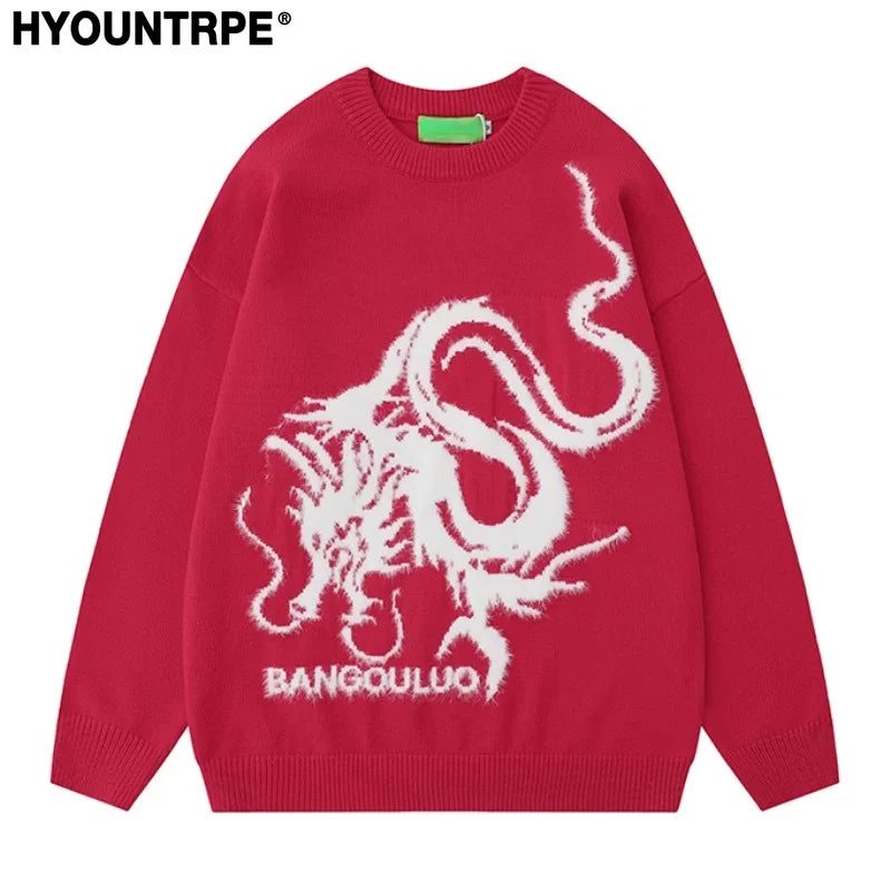 hip hop harajuku dragon pattern knitted sweater unisex o neck pullover streetwear y2k casual loose sweater warm jumper knitwear aesthetic street look hoodie, trendy hip hop style outerwear, oversized graphic print design