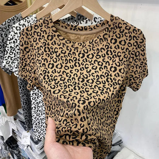 Gothic Streetwear – Classic Khaki Leopard Vintage Mini T Shirts Crop Tops Slim S – Modern Streetwear for Everyone