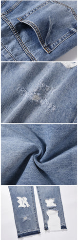 Frog drift Fashion Streetwear High Street REMAKE y2k Straight Stickers Blue Denim Jeans Trousers for men homme
