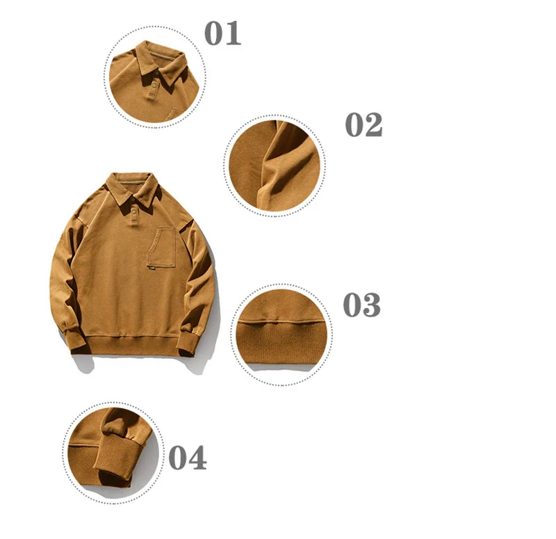Autumn Y2K Vintage Long Sleeve Sweatshirt Mens Loose Pockets Polo Neck