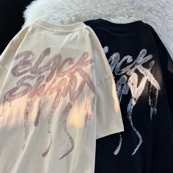 Sadcore Aesthetic drop – American Couple Loose Personalized Print Round Neck Short