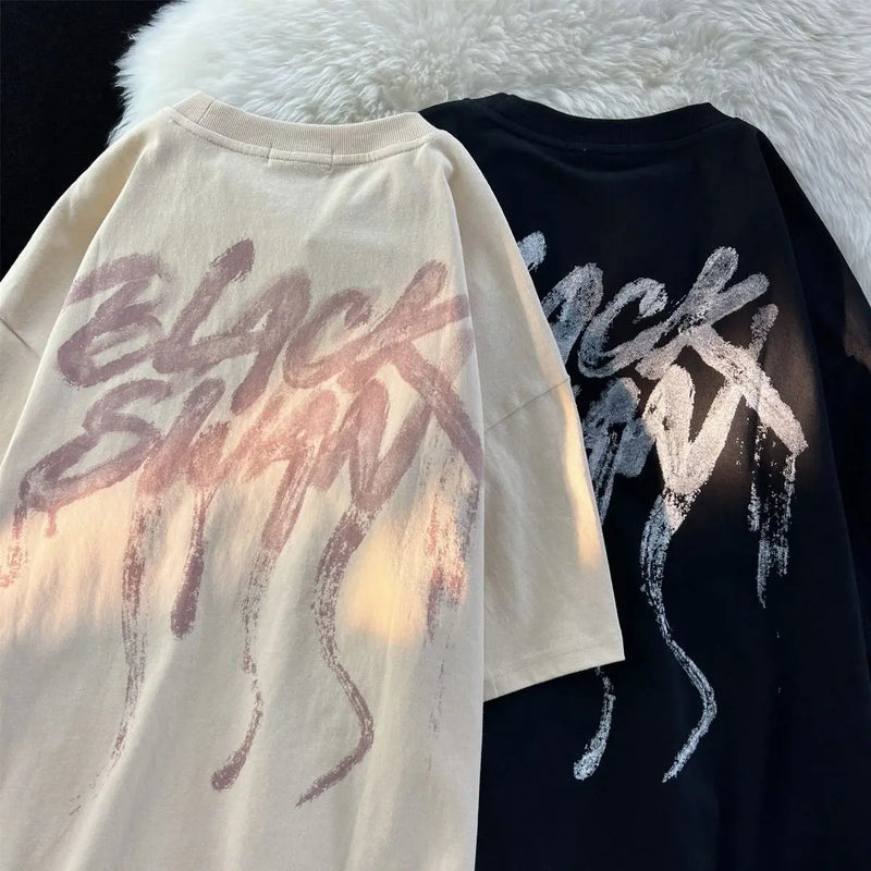 Sadcore Aesthetic drop – American Couple Loose Personalized Print Round Neck Short