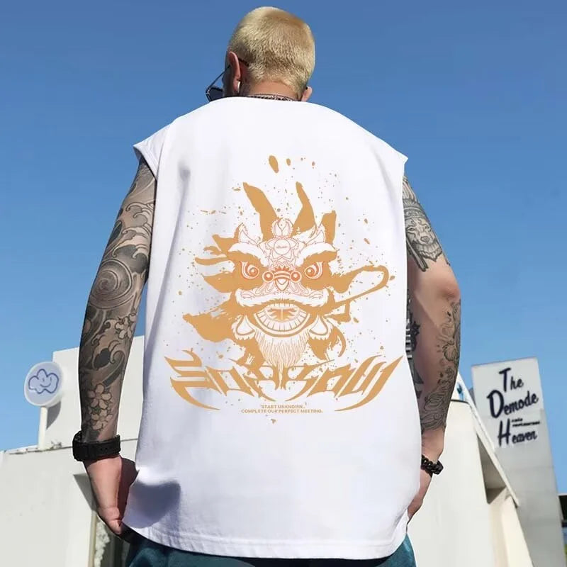 Gothic Oversized shirt – Summer Anime Lion Dance Printed Sleeveless T Shirt Men Overs