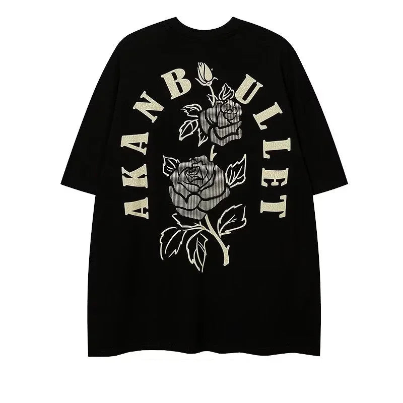 Harajuku Crying character – Floral Rose Graphic Printed Short Sleeve T Shirt For Men Hip
