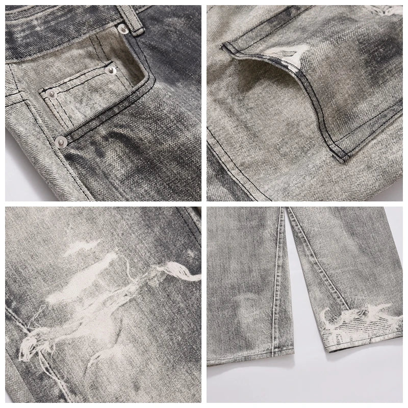 2023 european and american vintage digital printing jeans washed distressed straight denim pants mens streetwear y2k jean pants unique jeans style 5783