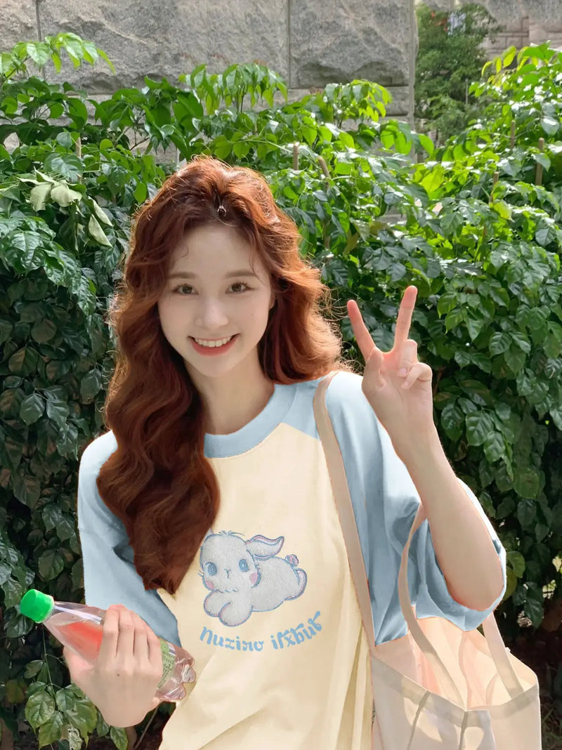 Skatercore Oversized shirt – American Flocking Cute Rabbit Pattern Short Sleeved T Shirt