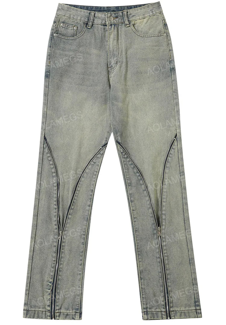 streetwear mens zipper jeans solid color patchwork straight jeans summer casual hip hop denim pants high street loose trousers unique jeans style 3503