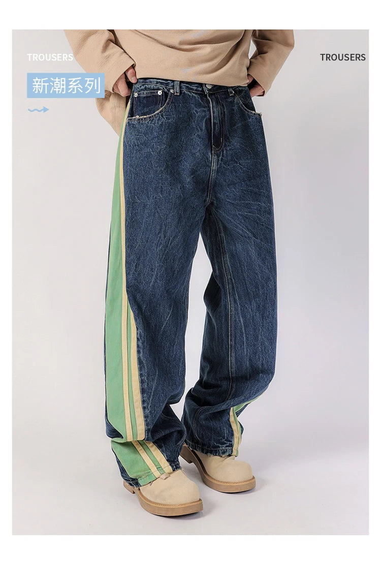 men streetwear fashion side splice hip hop loose casual wide leg straight baggy jeans pant cityboy jeans pants trousers unique jeans style 2606