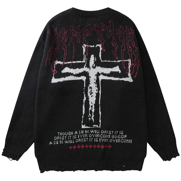 vintage sweaters y2k grunge streetwear hip hop ripped hole knitted cross punk gothic jumpers fashion harajuku casual pullover trendy hip hop style outerwear, urban wear with bold artwork, Y2K vintage urban hoodie