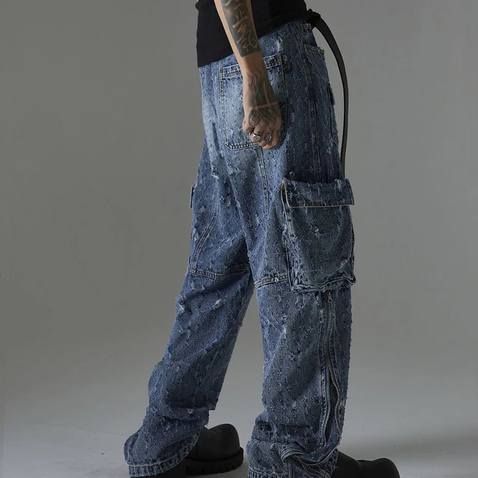 distressed ripped vintage blue baggy jeans men multi pocket cargo jeans casual loose denim pants streetwear harajuku jeans unique cargo style 5762
