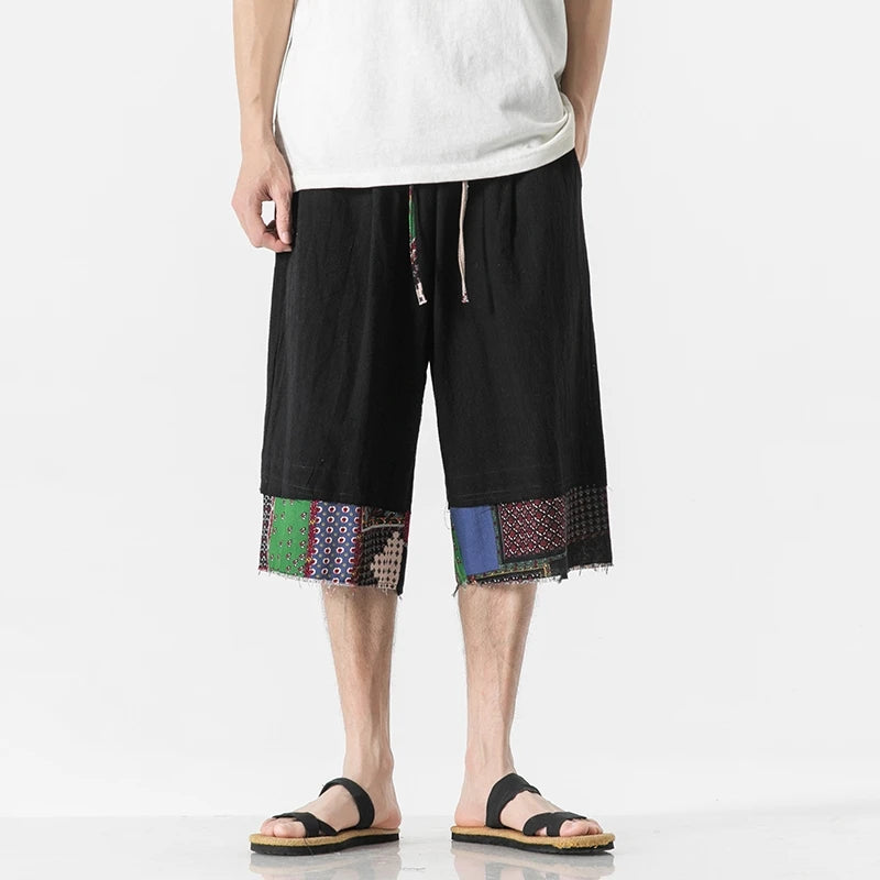 mens summer thin linen shorts loose straight mens pants japanese patchwork wind over the knee beach pants unique shorts style 3247