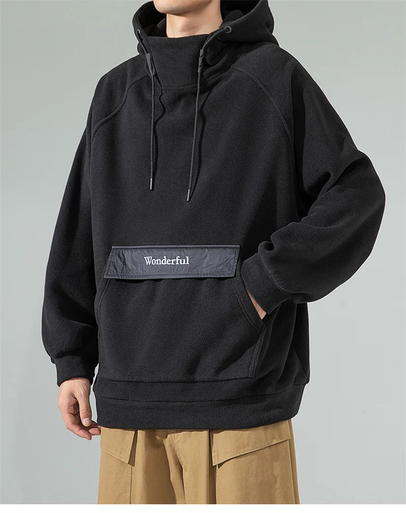Autumn Polar Fleece Half Turtleneck Hoodies For Men Y2K Vintage Windproof Hooded Sweatshirts Casual Streetwear Pullover