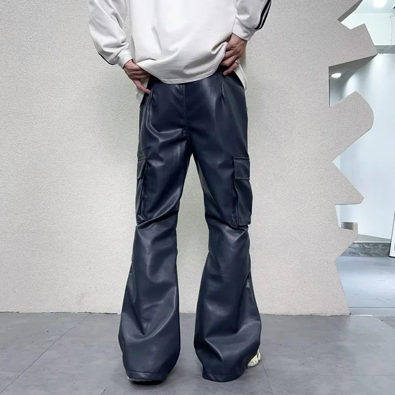 pu leather pants mens streetwear fashion hip hop vibe casual faux leather cargo flared pant men motorcycle trousers utility cargo pants