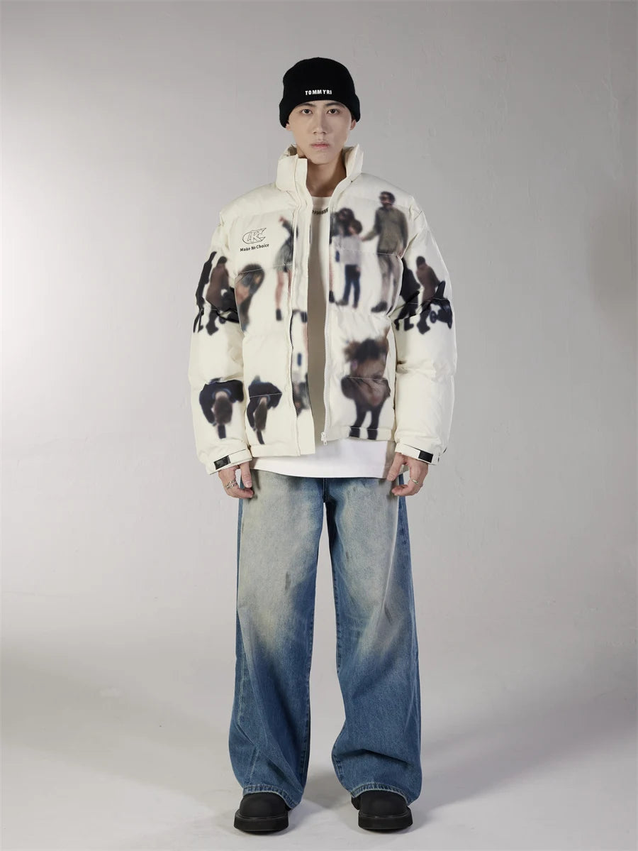 Hip Hop Jacket Parka Human Graffiti Print Men Winter Windbreaker Streetwear Harajuku Padded Jacket Coat Warm Outwear Hipster New