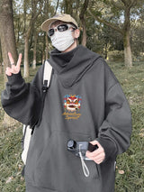 Autumn Lion Dance Graphic Ninja Hoodie Men Fleece Pocket Turtleneck Ov