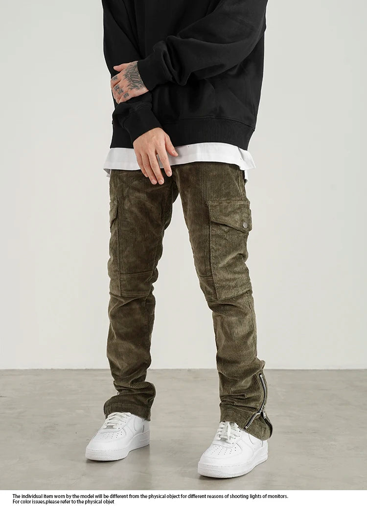 mens corduroy cargo pants new casual hip hop side pockets skinny trousers streetwear bottom zipper fashion slim fit pant joggers unique joggers style 4106