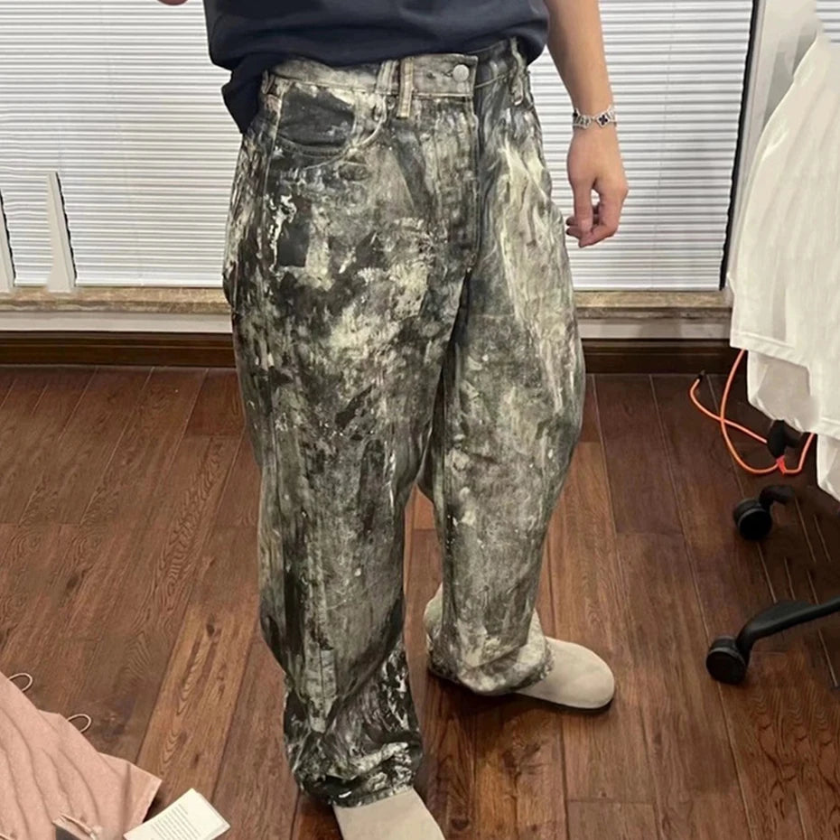 dirty tie dye baggy jeans mens streetwear hip hop loose denim pants y2k vintage jeans trousers luxury designer jeans stacked flare jeans