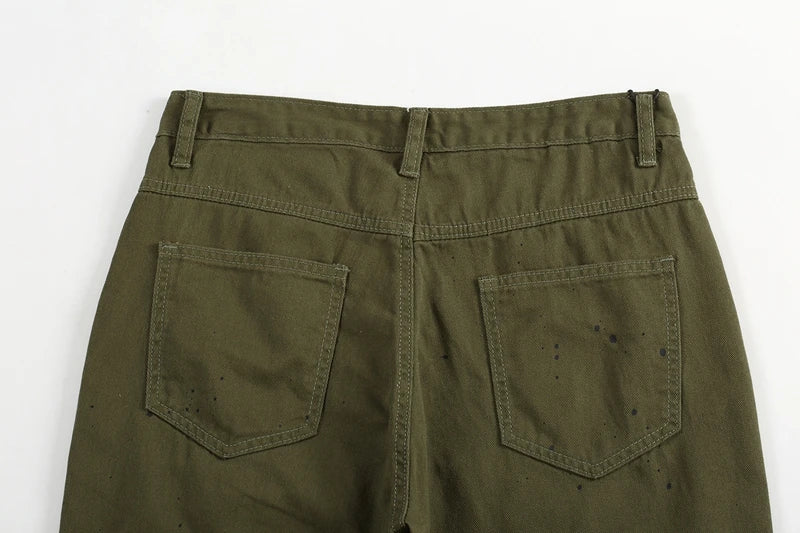 military green cargo jeans pants thin streetwear skinny micro horn ripped jeans hip hop raw edge speckle ink washed slim jeans unique cargo style 3532