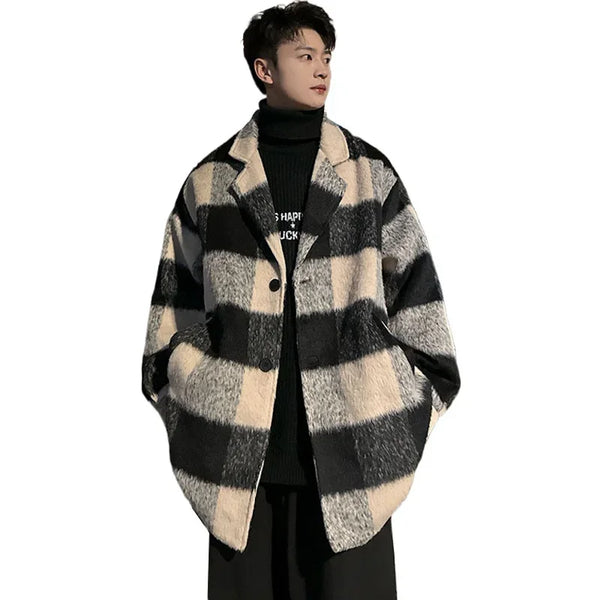 Plaid Woolen Trenchcoat Men Autumn Winter Fashion Retro Streetwear Suit Collar Loose Casual Trendy Trench Coat Outerwear