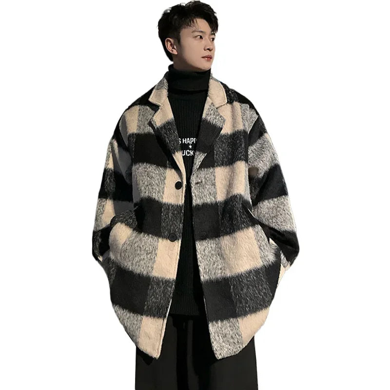 Plaid Woolen Trenchcoat Men Autumn Winter Fashion Retro Streetwear Suit Collar Loose Casual Trendy Trench Coat Outerwear