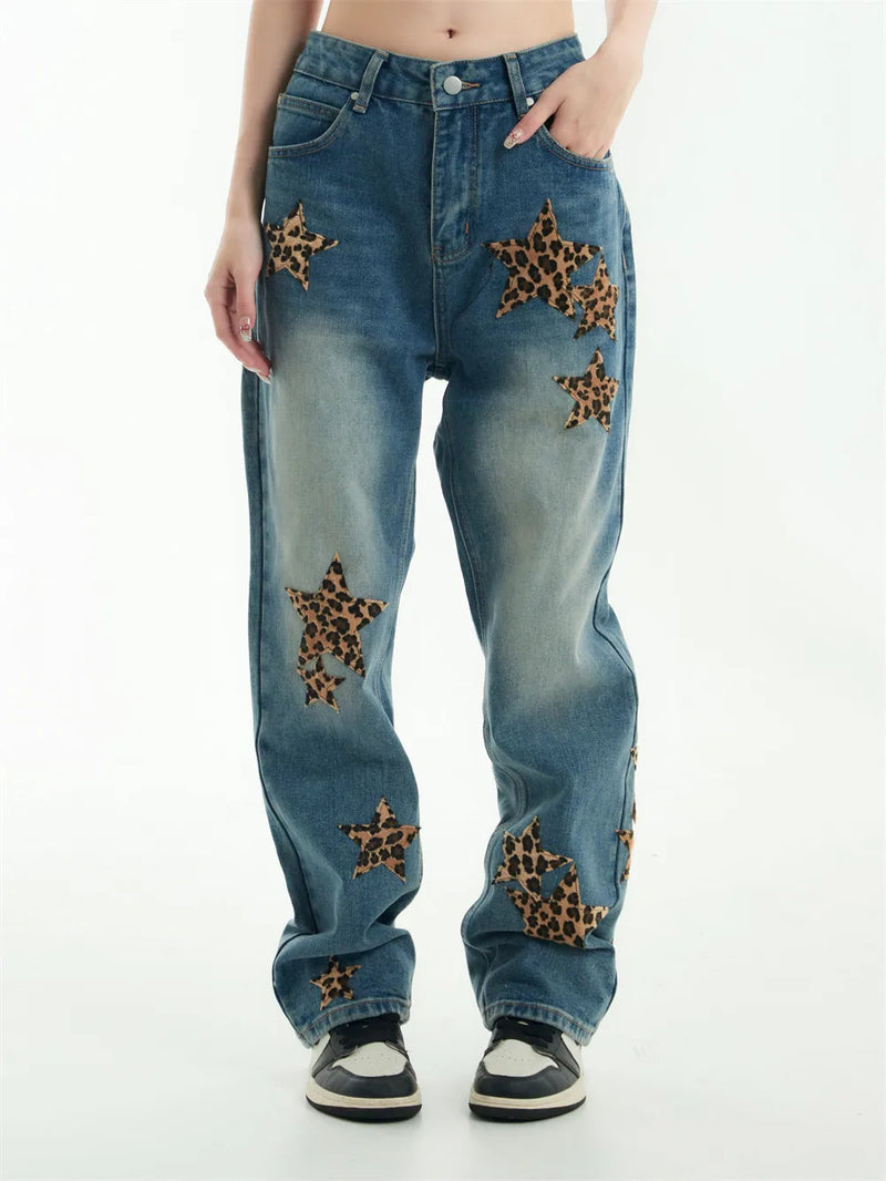 black baggy jeans men star patchwork straight denim pants fashion jeans male streetwear hip hop y2k loose trousers unique jeans style 814