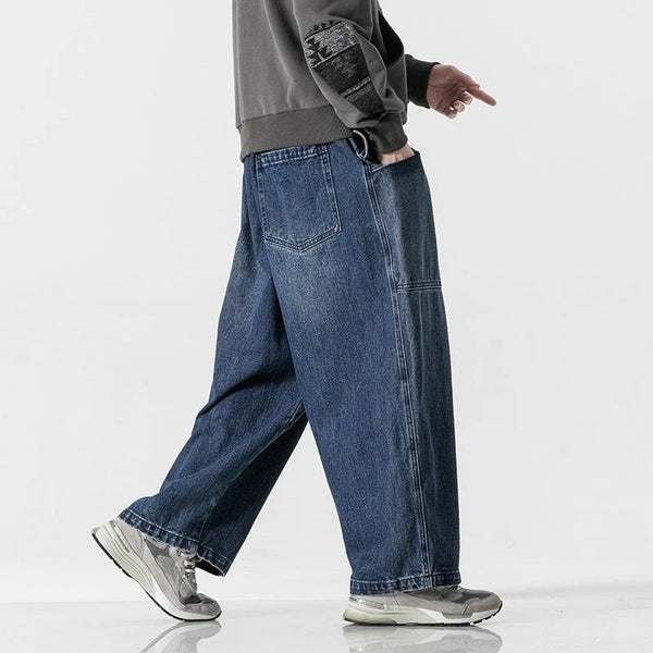 large size jeans basic denim pants solid color mens casual wide leg pants waist elastic hip hop baggy man trousers urban skinny jeans