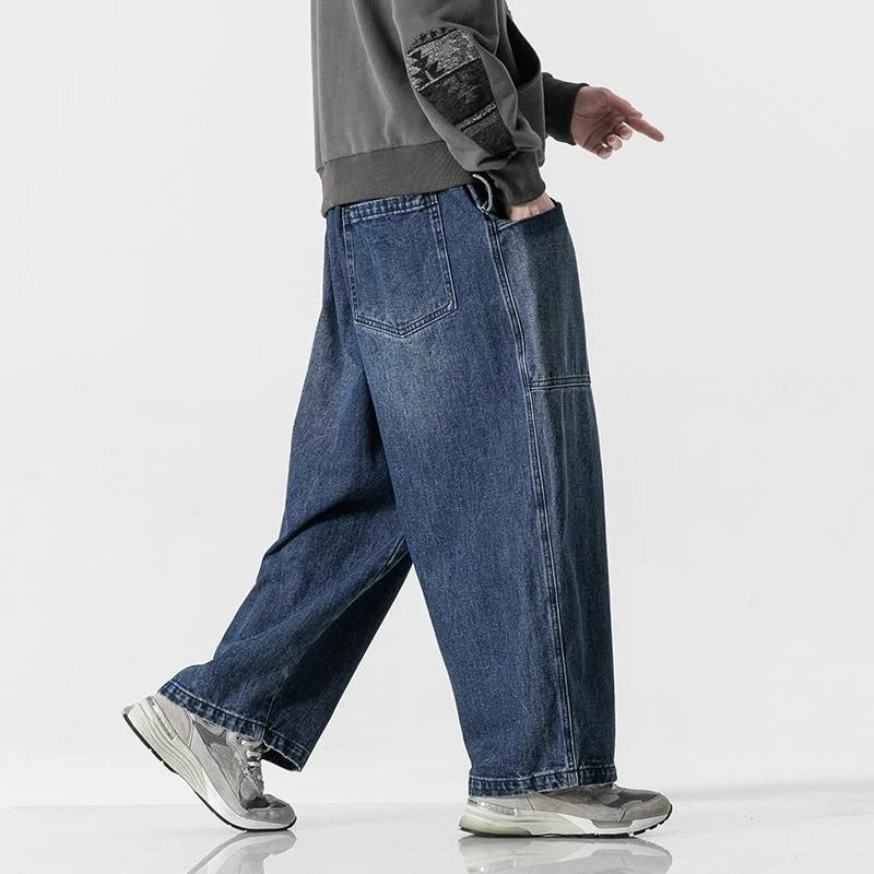 large size jeans basic denim pants solid color mens casual wide leg pants waist elastic hip hop baggy man trousers urban skinny jeans
