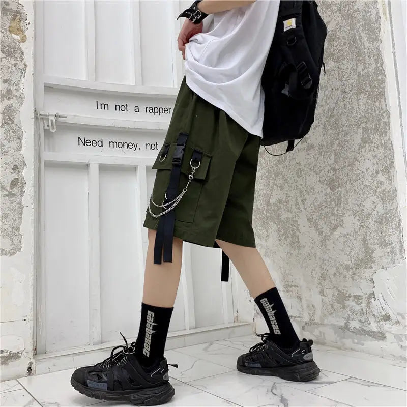 streetwear 2023 new womens summer shorts casual ribbons black cargo shorts for girls knee length pants with chain military streetwear pants