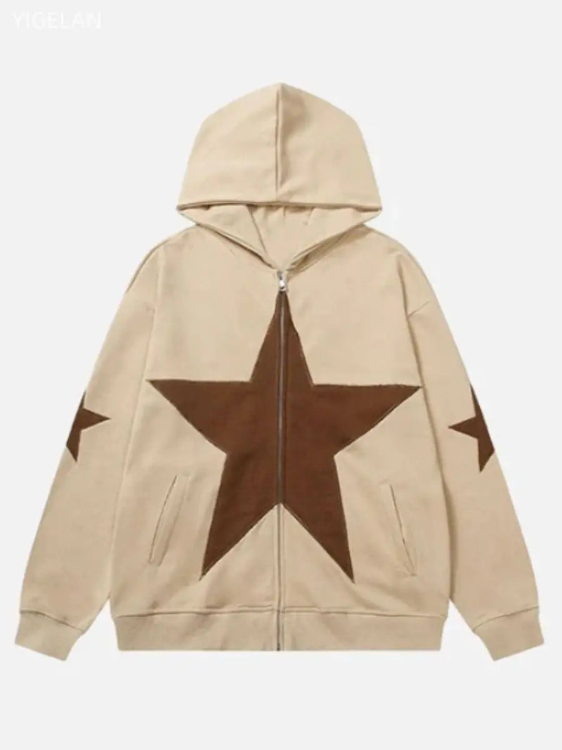 European American Casual Y2K Personalized Five-pointed Star Hoodie Trend Ins Retro Loose Y2k Zipper Sweatshirt for Men and Women