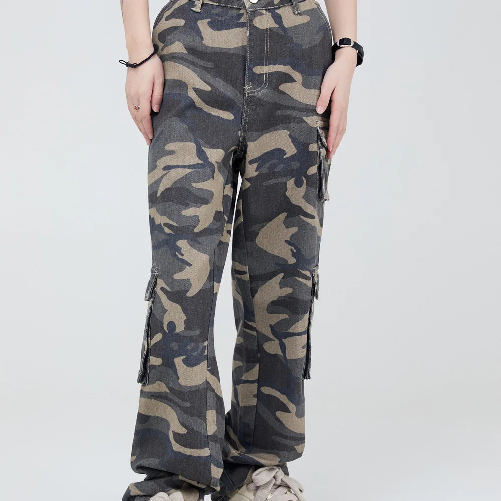 vintage pockets camouflage denim pants men jeans hip hop streetwear military cargo pants multi-pocket cargos