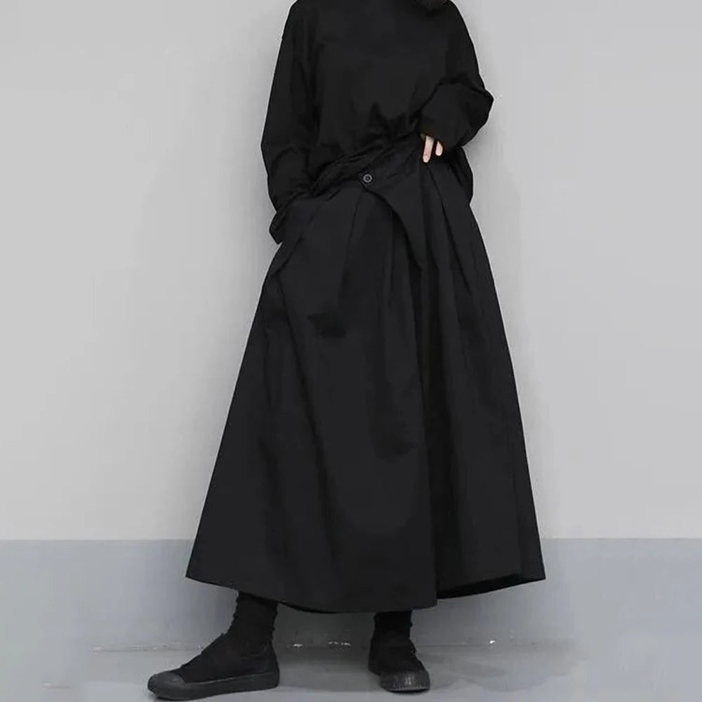 trendy gothic loose casual culottes mens japanese wide leg pants new oversize design streetwear dark black trousers male clothes unique default style 153
