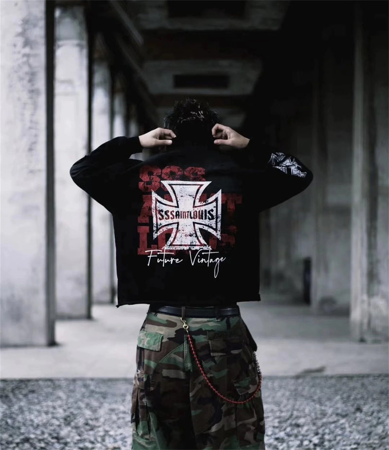 sssaint Louis Vintage Dirty Worn Distressed Cross Print High-Street Graffiti Long Sleeve T Shirt Pullover Summer