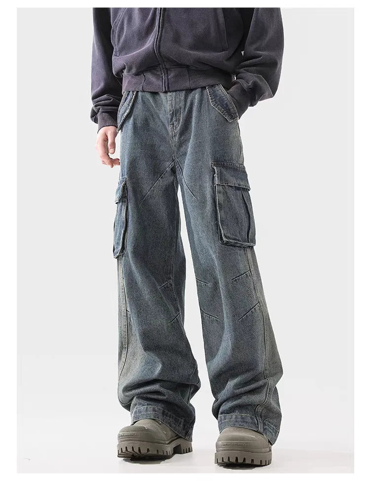 american spring and autumn street trendy personalized work clothes jeans for couples loose retro straight leg casual pants y2k unique jeans style 4974
