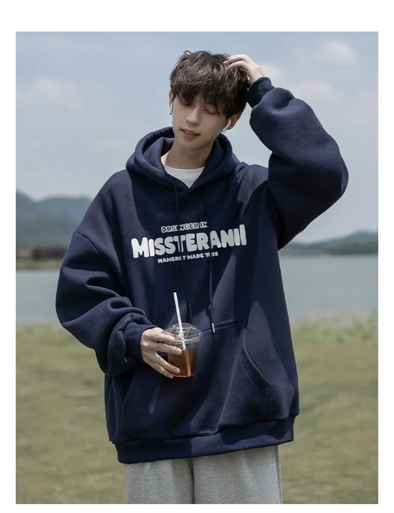 American Retro Casual Hoodies For Men Letter Printed Loose Fit Hooded