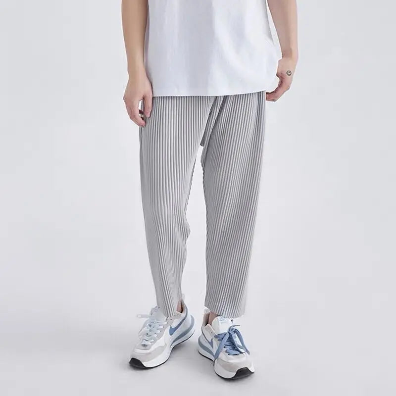 summer pleated pants men fashion gray black casual pants men japanese streetwear loose straight pants mens ice silk trousers minimalist street pants