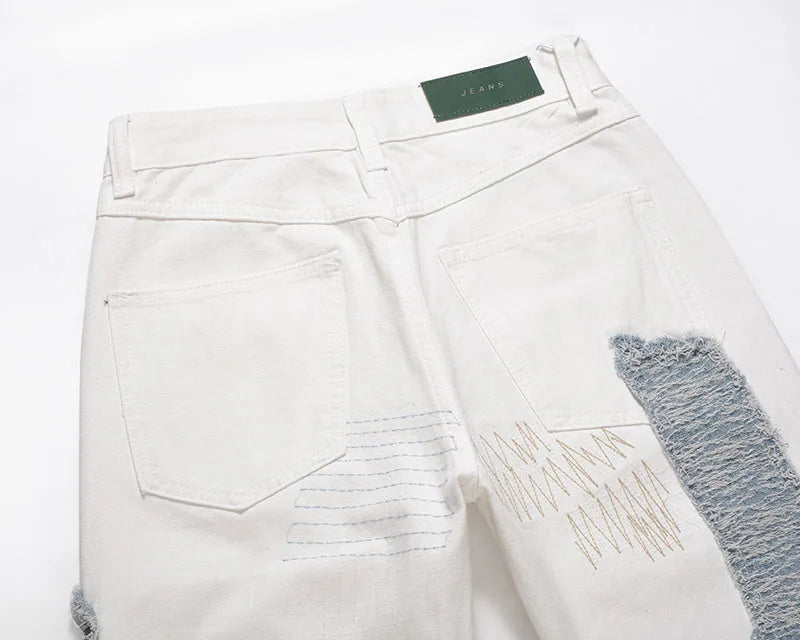 irregular sewing scratched patchwork denim jeans men casual straight biker zipper trousers streetwear hip hop jean pants joggers unique joggers style 3586