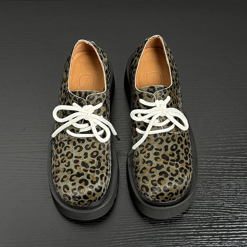 Men Leopard Genuine Leather Streetwear Fashion Casual Retro Derby Shoes Cityboy Cow Leather Height Increasing Shoes Loafers Man