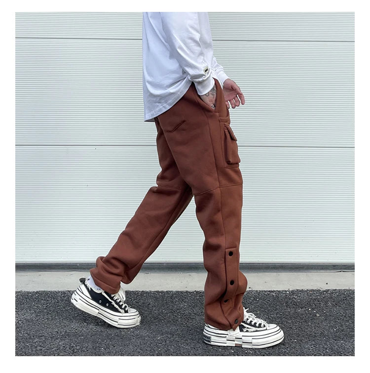 mens high street loose fit elastic waist pants winter warm fleece pants bottons hip hop drawstring sportwear sweatpants joggers unique joggers style 3058