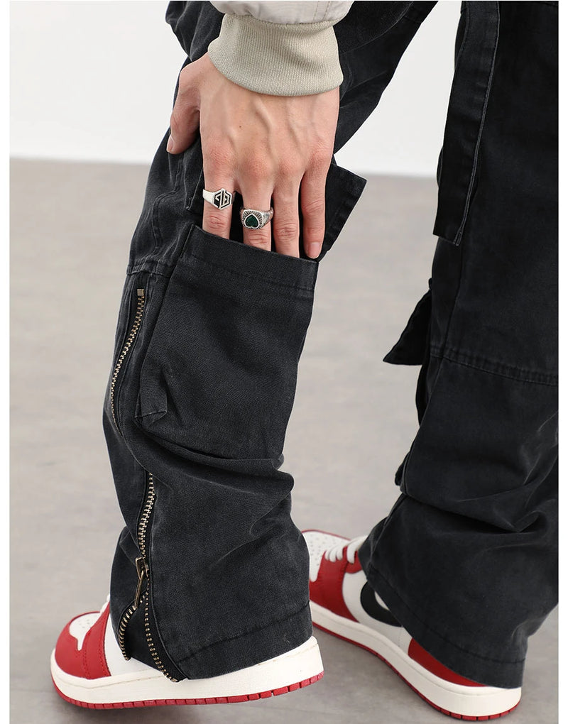 mens hip hip pants retro cargo pant streetwear side pockets bottom zipper harajuku joggers casual loose straight cotton trousers unique joggers style 3829