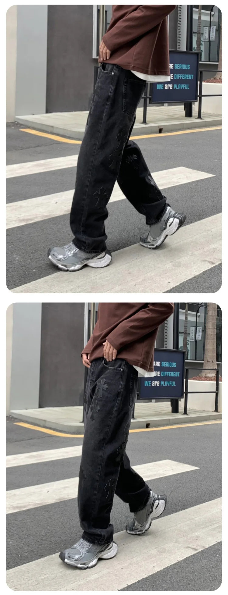 men embroidery streetwear brand fashion hip hop loose casual straight motorcycle denim jeans pant cityboy y2k jeans trousers unique jeans style 2487