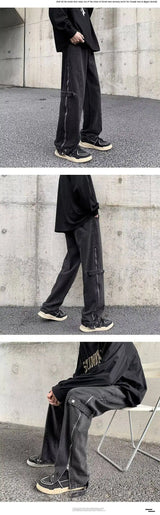 2023 cool design side zipper baggy men cargo jeans pants vintage brown straight cotton hip hop long trousers pantalones hombre unique cargo style 5835