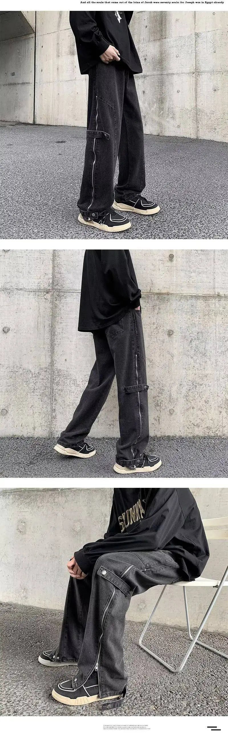 2023 cool design side zipper baggy men cargo jeans pants vintage brown straight cotton hip hop long trousers pantalones hombre unique cargo style 5835