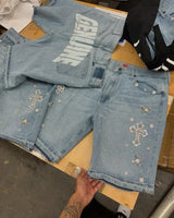 Retro Blue Streetwear Y2K Gothic Shorts Hip Hop Rhinestones Baggy Jeans Denim Gym Shorts Men Women High Waist Basketball Shorts