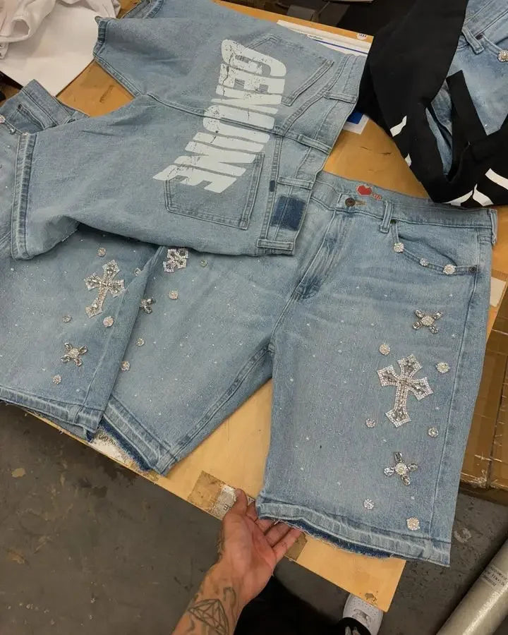 Retro Blue Streetwear Y2K Gothic Shorts Hip Hop Rhinestones Baggy Jeans Denim Gym Shorts Men Women High Waist Basketball Shorts