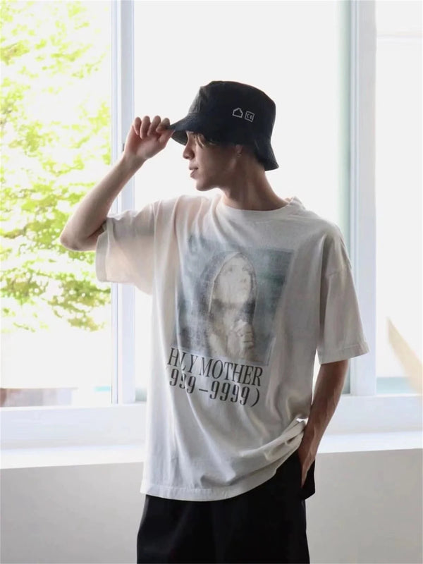 Cyberpunk Aesthetic print tee – Vtg Summer Printed Holy Mother Portrait Short Sleeved T Shir